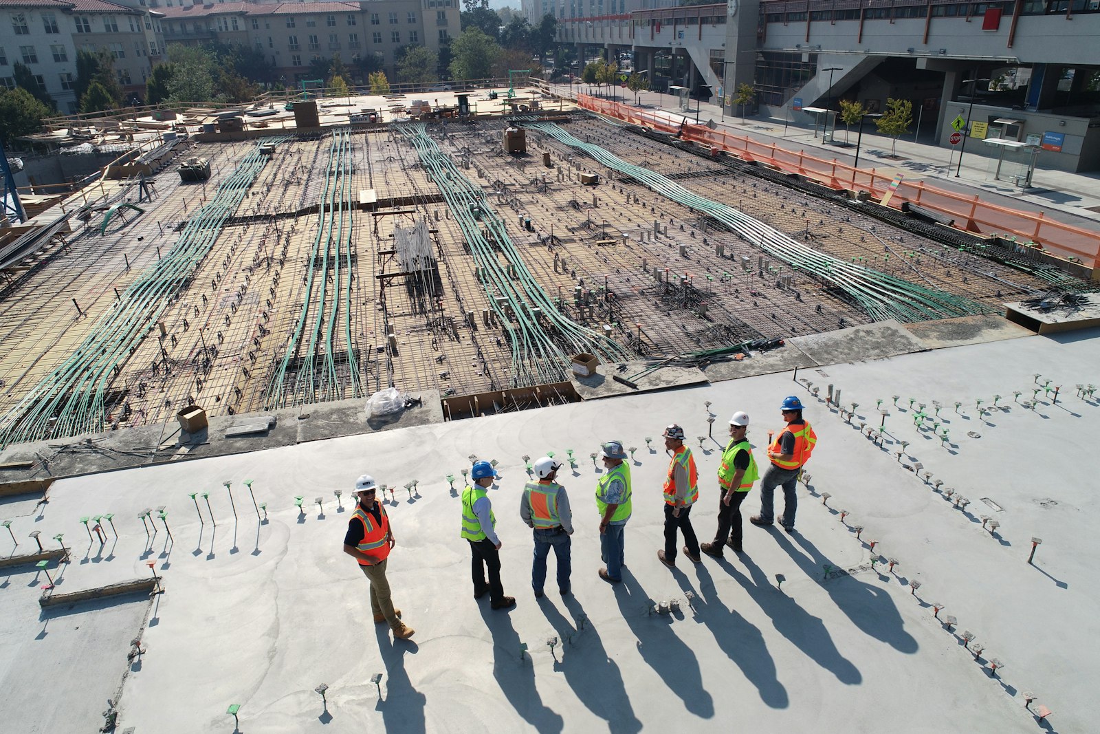Aerial view of a survey crew on site